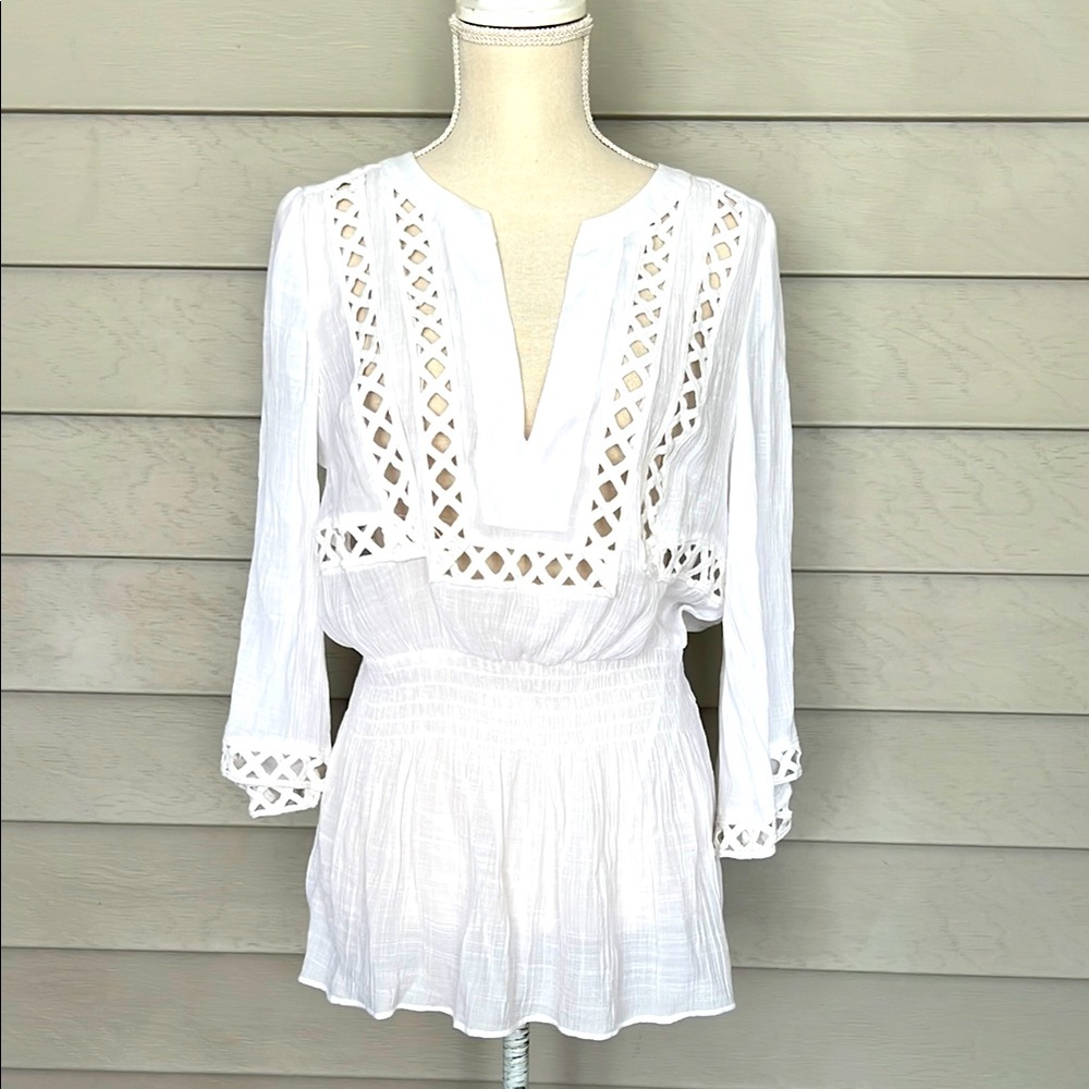 Alfani White Blouse with Crochet Accents